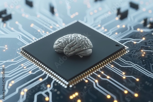 AI Brain Chip neuronal. Artificial Intelligence health mind synaptic transmission axon. Semiconductor transformational change circuit board geometric algorithm photo