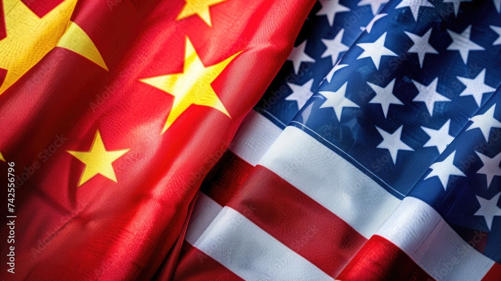 Symbolic Illustration of Sino-American Relations: A Close-Up of the United States and China Flags Draped Together, Representing Diplomacy and International Partnership