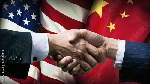 Representation of Sino-American Diplomacy and Cooperation with Handshake Against Flags, Illustrating the Importance of Collaboration Between the World's Leading Economies