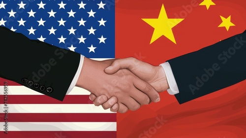 Representation of Sino-American Diplomacy and Cooperation with Handshake Against Flags, Illustrating the Importance of Collaboration Between the World's Leading Economies