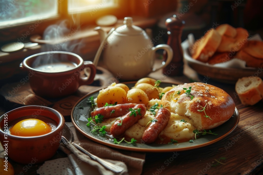 A traditional Irish breakfast featuring potatoes, sausages, and soda bread. 