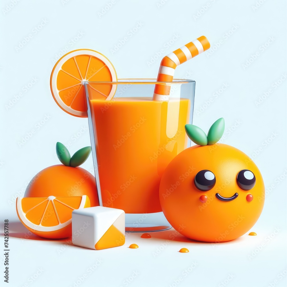 Orange juice in a glass and orange fruits. 3D minimalist cute illustration on a light background. Orange juice in a glass and orange fruits. 3D minimalist cute illustration on a light background.