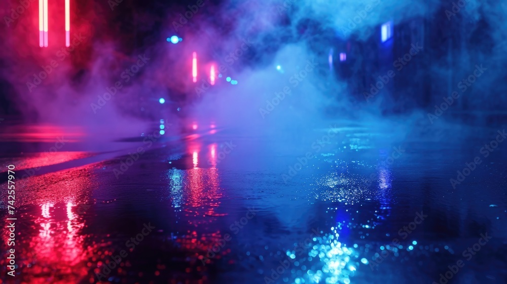 Neon lights reflecting on wet surface at night