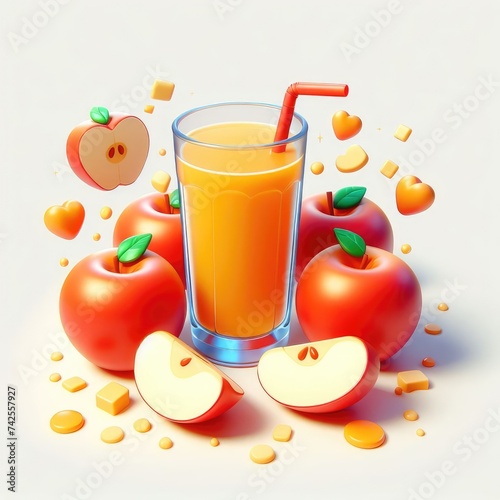 Apple juice in a glass and apple fruits. 3D minimalist cute illustration on a light background.