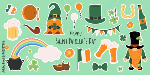 Vector set of stickers for St. Patrick's Day. Irish holiday Saint Patrick's Day. Collection with leprechauns, Irish flag and beer, clover, pot of gold and rainbow. Hand drawn illustration. Banner.