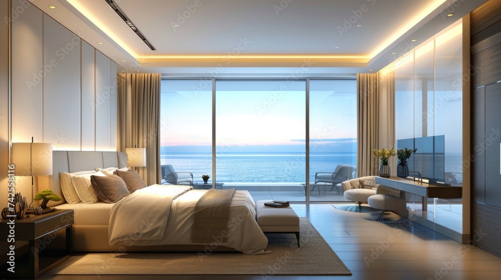 Fototapeta premium Bedroom interior with ocean view at sunset.