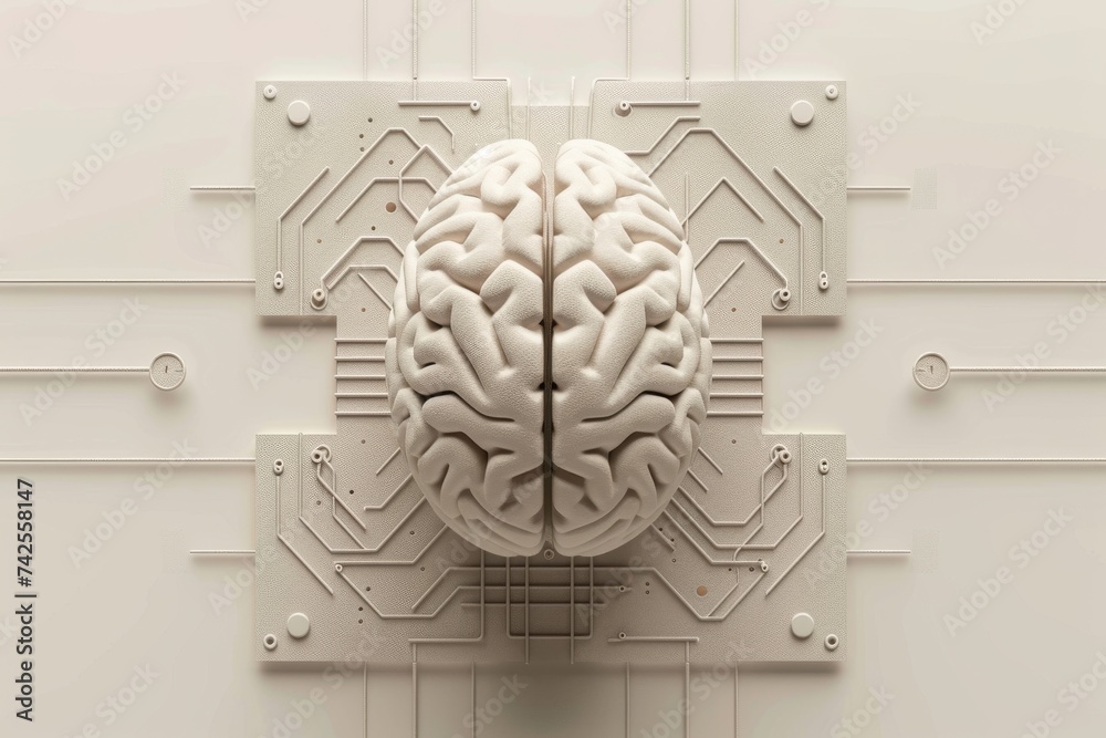AI Brain Chip object. Artificial Intelligence synchronous human dfm mind circuit board. Neuronal network hardware development smart computer processor molecular beam epitaxy - obrazy, fototapety, plakaty 