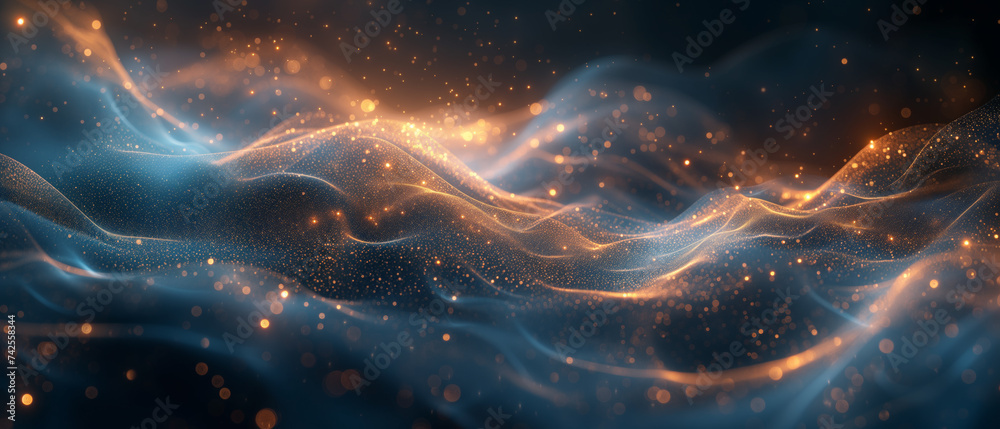 A mystical dance of blue and gold, where sparkling waves meet a sprinkle of cosmic stardust A mystical dance of blue and gold, where sparkling waves meet a sprinkle of cosmic stardust