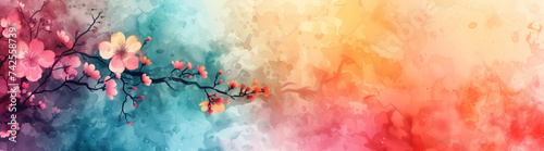 A floral branch stretches across a watercolor gradient, a harmonious blend of nature and art