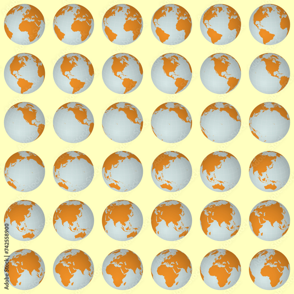 Collection of planet globes. Slanted sphere view. Rotation step 10 degrees. Solid color style. World map with sparse graticule lines on warm background. Vibrant vector illustration. Collection of planet globes. Slanted sphere view. Rotation step 10 degrees. Solid color style. World map with sparse graticule lines on warm background. Vibrant vector illustration.