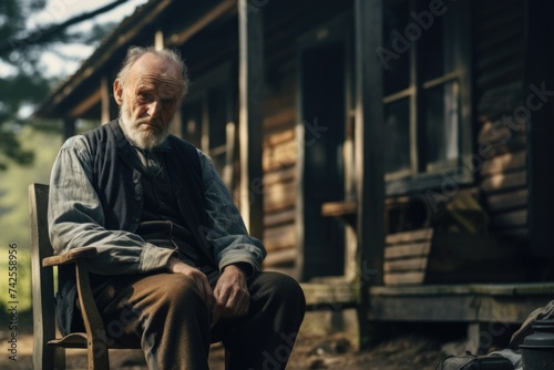 Pensive Elderly Man Seated Outside Rustic Cabin in Contemplative Pose