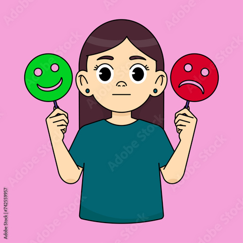 Girl holding emoticons with happy green and sad red emotions