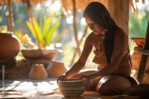 Indigenous woman working with pottery, traditional, warm light
