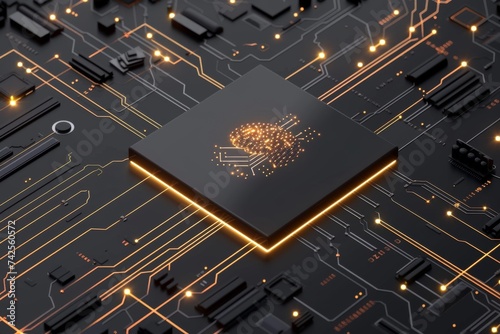 AI Brain Chip cause. Artificial Intelligence network mind neurological informatics axon. Semiconductor cvd circuit board interpersonal intelligence