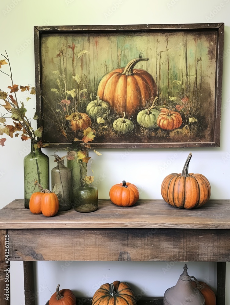 Autumnal Pumpkin Patch Earth Tones Vintage Painting - Rustic Wall Decor Art