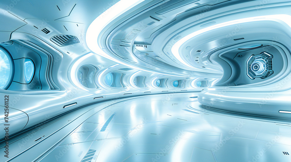Futuristic tunnel illuminated by blue neon lights, depicting high-speed motion and modern transportation technology