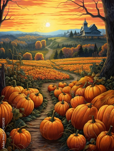 Golden Hour Art Print  Autumnal Pumpkin Patches Dawn Painting Vintage