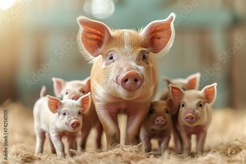 Group of piglets feeding from mother sow in warm, rural barn; agriculture scene; healthy livestock.