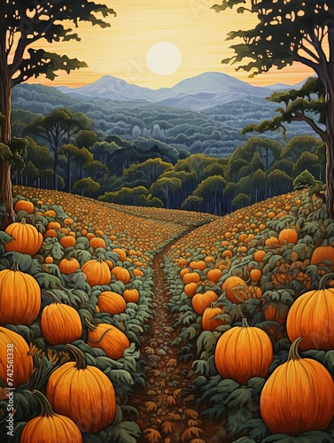 Handmade Vintage Autumnal Pumpkin Patch Landscape Painting Art Print