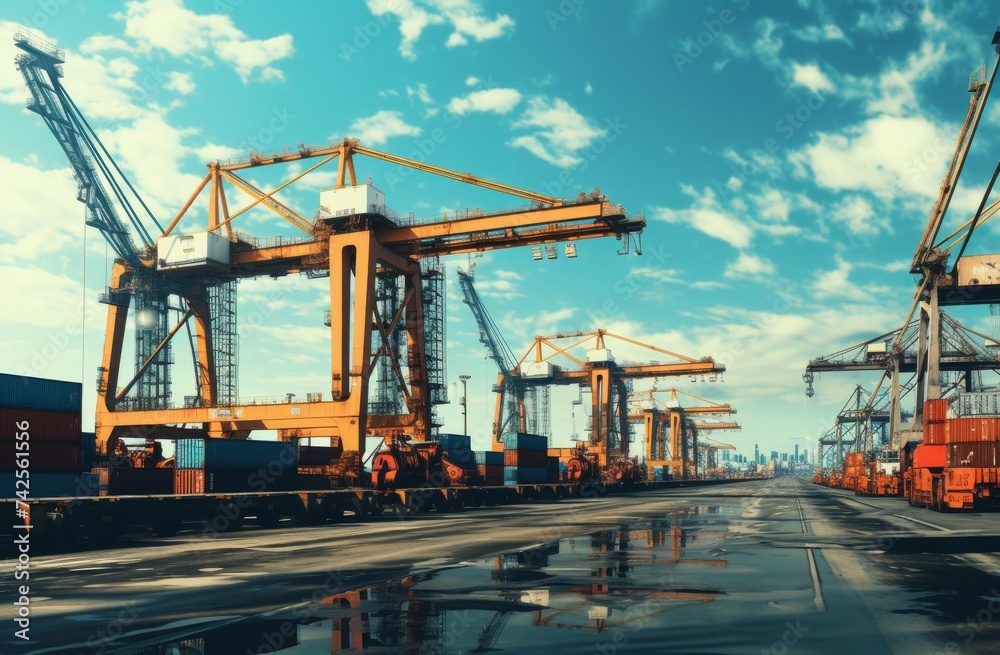 A towering gantry hoisting cranes high into the sky, surrounded by billowing clouds, as a train chugs along the ground below in the midst of a bustling outdoor construction site