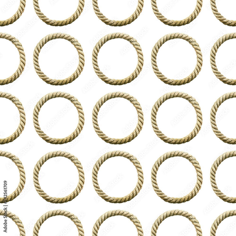 Seamless pattern watercolor Rope knot round. Ropes, rounded borders, decorative circles of marine cable frame. Endless loop twisted illustration. Nautical knot circle on white background. Seamless pattern watercolor Rope knot round. Ropes, rounded borders, decorative circles of marine cable frame. Endless loop twisted illustration. Nautical knot circle on white background.