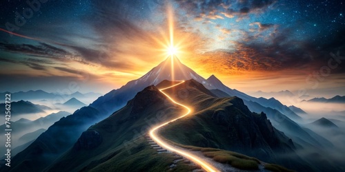 Mountain landscape with bright glowing path, Path to success concept