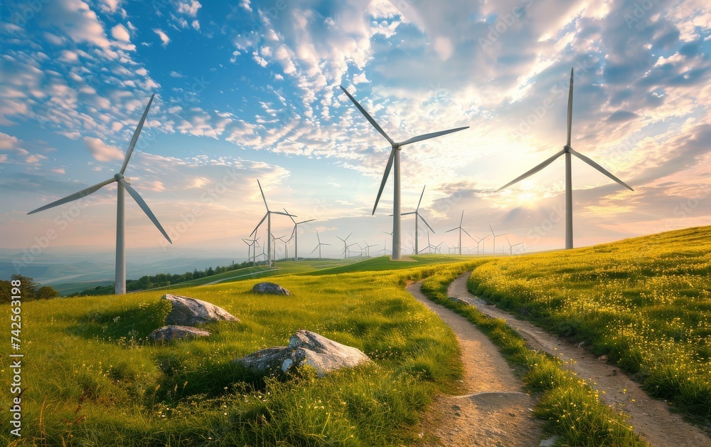 A panoramic landscape of a wind farm with turbines stretching into the horizon representing large scale wind power generation A panoramic landscape of a wind farm with turbines stretching into the horizon representing large scale wind power generation