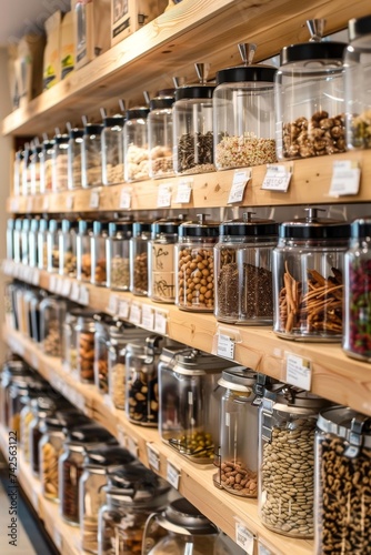 A minimalist detail oriented food store design embracing a zero waste lifestyle with glass containers and bulk food dispensers