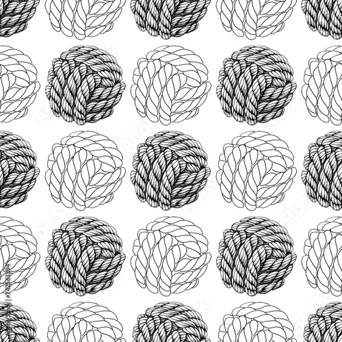 Seamless pattern of knotted ropes cords monkey fist knot ball Nautical thread whipcord with loops and noose, braided, spiral fiber. Illustration graphic hand drawn on white background.