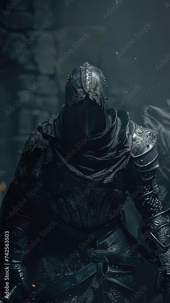 Fototapeta premium A warrior clad in dark armor emerges from the shadows terrifying the opposition