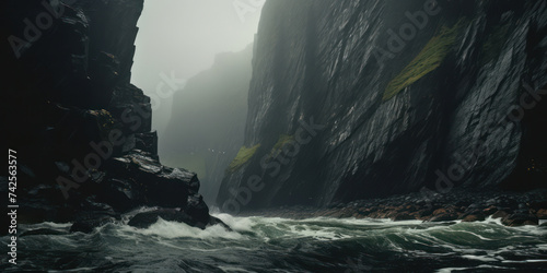 Nature's Majesty: A Scenic Cliff Coastline with Majestic Waterfalls, High Steep Cliffs, and Spectacular Storm on a Norwegian Beach