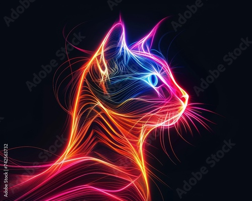 Bright neon lines forming an abstract cat modern and artistic on a black background