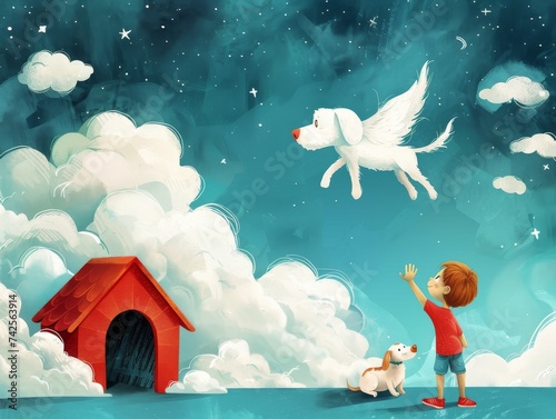 Child standing by a dog house joyfully waving to a winged dog soaring in the fluffy clouds photo