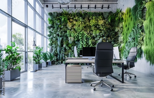 Contemporary office with a mix of exotic fauna and lush green walls promoting tranquility