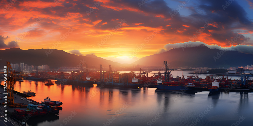 A colorful sunset with boats in the water and a sky with clouds,  Hall of Fame sunset lights up the western sky above Heritage Harbour, Vancouver witnessed a colourful spring sunset, Generative AI