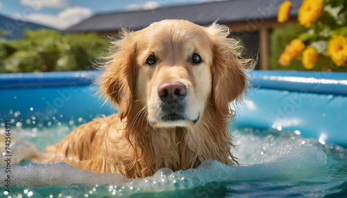 Happy wet golden retriever dog in an inflatable outdoor pool on a hot summer afternoon