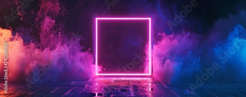 Square frame dual neon blue pink moving light on black 3D overlay element Central copy space photo