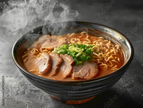 Traditional Japanese ramen rich broth perfectly cooked noodles topped with sliced pork and green onions served in a ceramic bowl steamy and inviting photo
