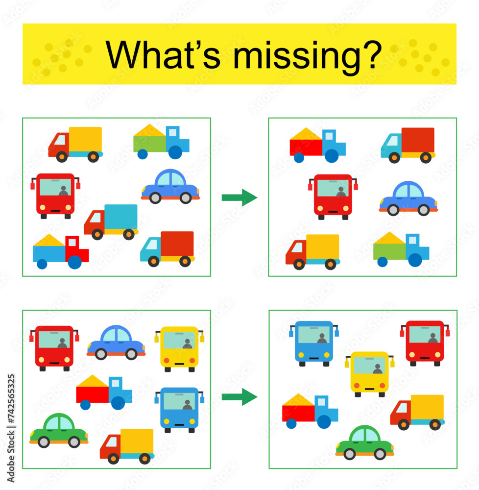 Puzzle game. Find the missing object. Vector illustration of car, bus, truck.