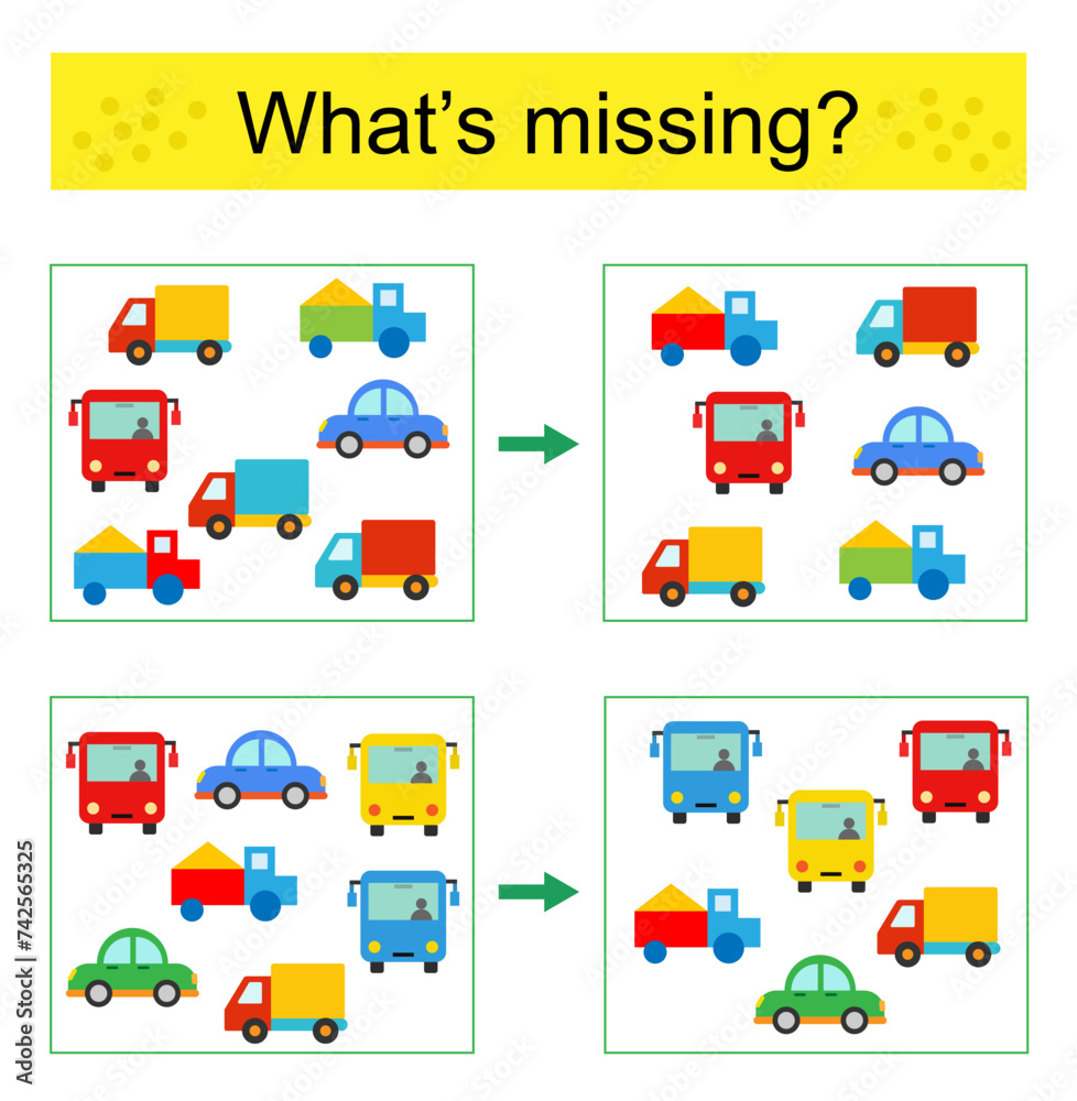 Puzzle game. Find the missing object. Vector illustration of car, bus, truck. Puzzle game. Find the missing object. Vector illustration of car, bus, truck.