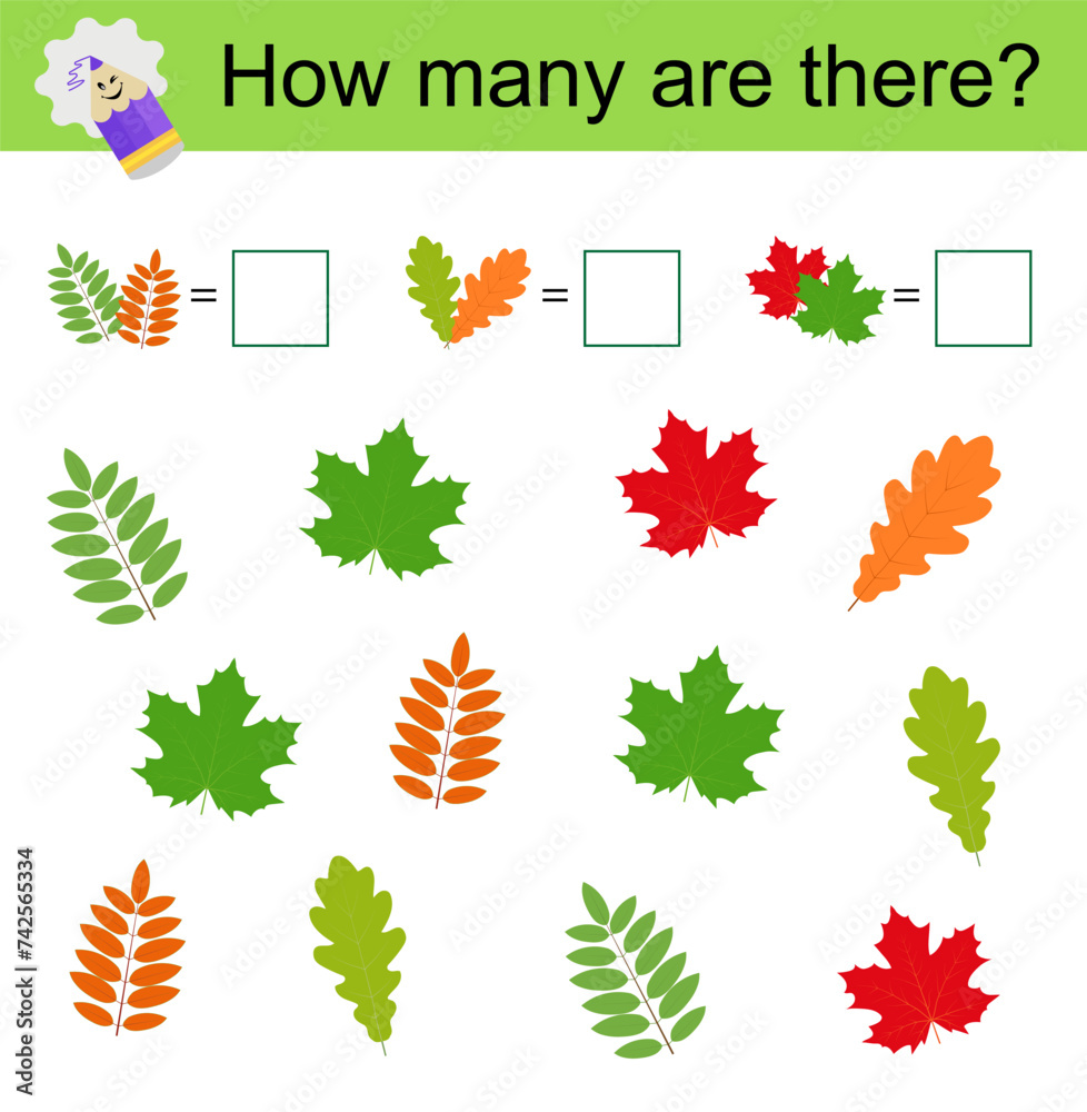 Math activity for kids. Cartoon oak, rowan, maple Math activity for kids. Cartoon oak, rowan, maple