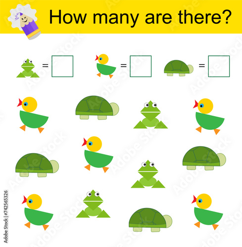 Math activity for kids. Cartoon duck, turtle, frog