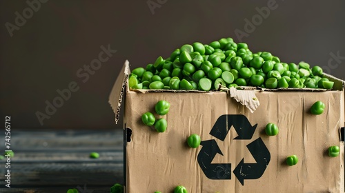 An eco-friendly cardboard box adorned with the universal recycling symbol, brimming with fresh, vibrant green peas, illustrating the concept of sustainable packaging and composting practices © PSCL RDL