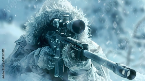 Arctic Sniper: Soldier Concealed in Snow. Military concept.