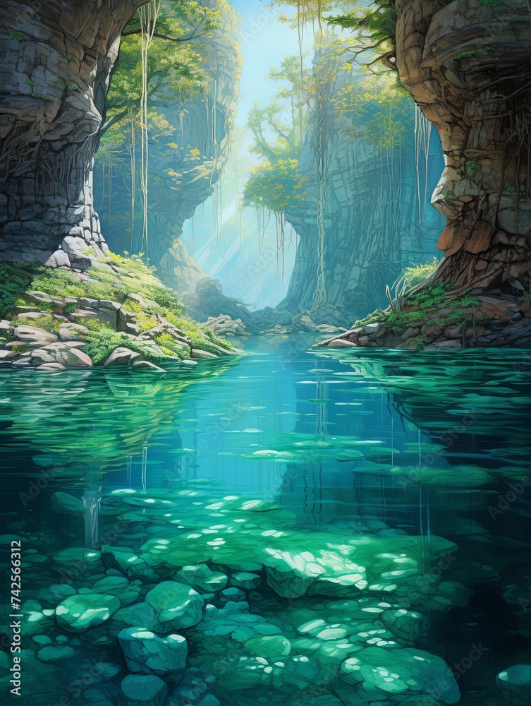 Fototapeta premium Turquoise Depths: Crystal Clear Spring Lagoons Vintage Painting