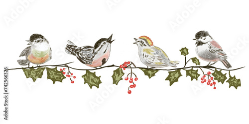 Watrecolor drawing of festive christmas greenery and the birds on one branch with green leaves and red berries. Hand-drawn red berries, green branch, birds, elements isolated on white background.
