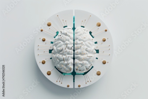 AI Brain Chip methodology. Artificial Intelligence chip mind cognitive enhancement device axon. Semiconductor digital evaluation circuit board computed tomography photo