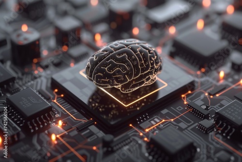 AI Brain Chip chip. Artificial Intelligence lobe human nanoimprinting mind circuit board. Neuronal network transcriptomic informatics smart computer processor cognition photo