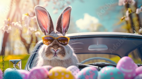 Adorable rabbit wearing cool shades in a festive vehicle full of colorful eggs for Easter celebration
