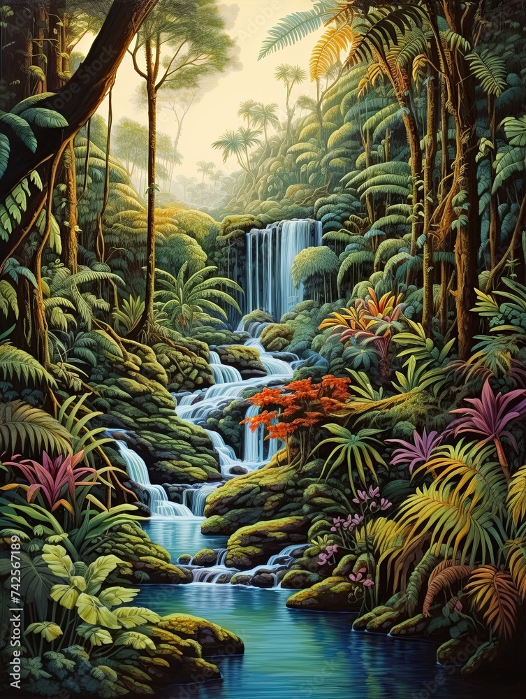 Fototapeta premium Decadent Chocolate Factories Stream and Brook Art for Vintage Rainforest Landscape Print